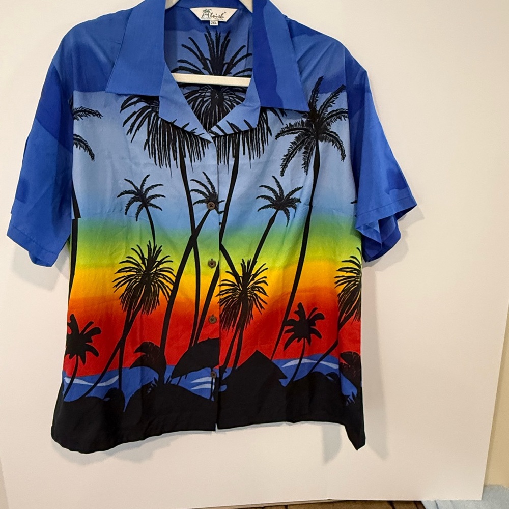 Lvish Blue Short-Sleeve Sunset Palm Hawaiian Print Button-Up Shirt